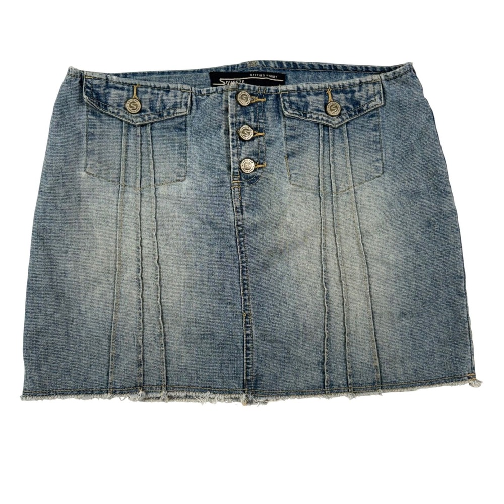 Vintage Y2K Squeeze Stephen Hardy Denim Mini Skirt Button Fly Frayed Hem 5/6